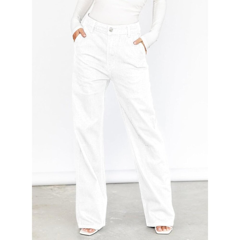 Women's White Casual Mid Waist Stretch Button Wide Leg Denim Cargo Pants - Picture 2 of 6
